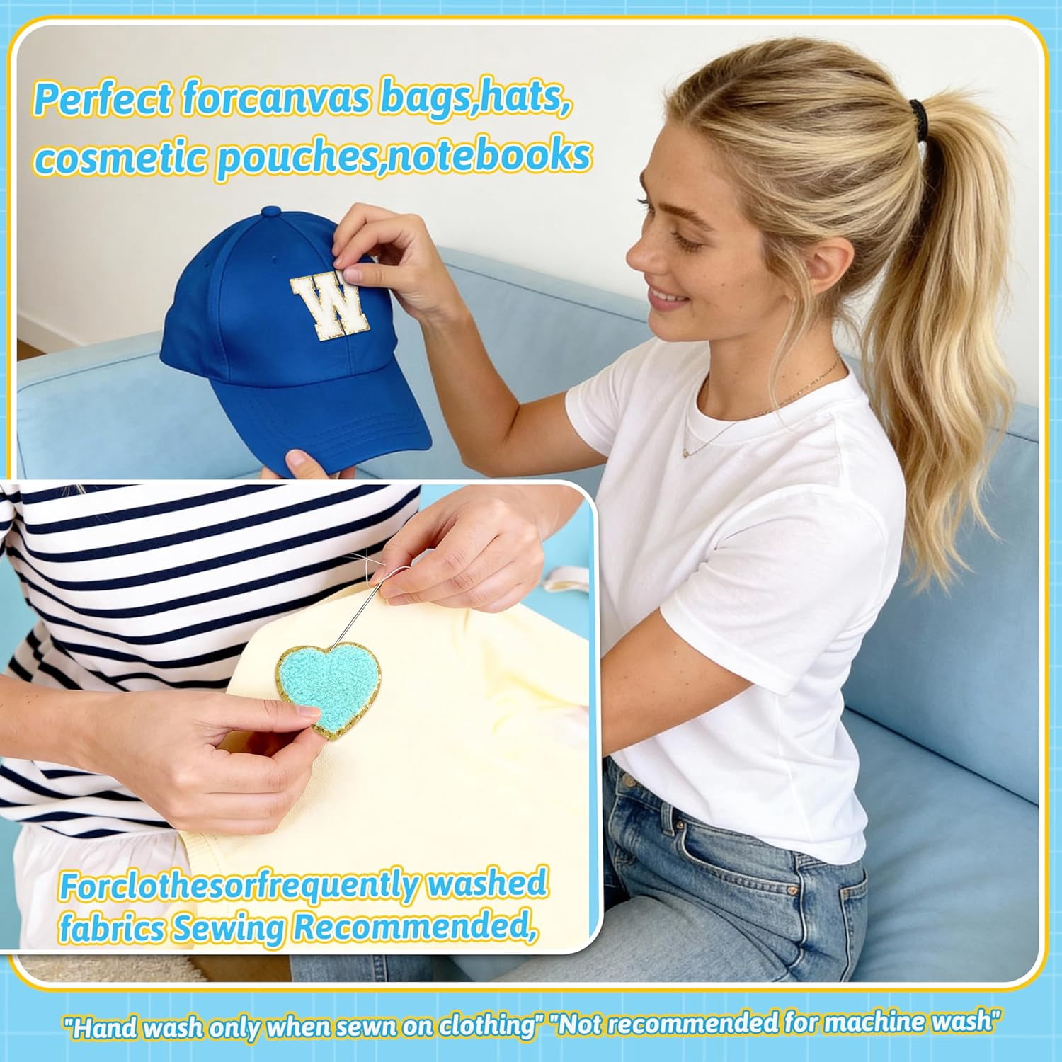 Self Adhesive Chenille Patches：132PCS Blue Pre-Sort Varsity Letter Patch for DIY Bags Backpacks Hats - Heart Star Bowknot Cute Patch Stickers for Birthday Party Gifts Crafts