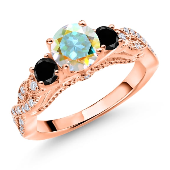 Gem Stone King 18K Rose Gold Plated Silver Mercury Mist Mystic Topaz Black Diamond and White Moissanite Engagement Ring for Women (1.47 Cttw, Gemstone, Round 6MM and 3MM, Size 8)