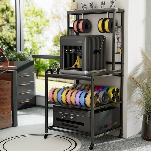 ModFurne 3D Printer Stand with Filament Storage, Heavy Duty Rolling 3D Printer Table with Charging Station for PLA, ABS, PETG for Workshop/Office (Brown)