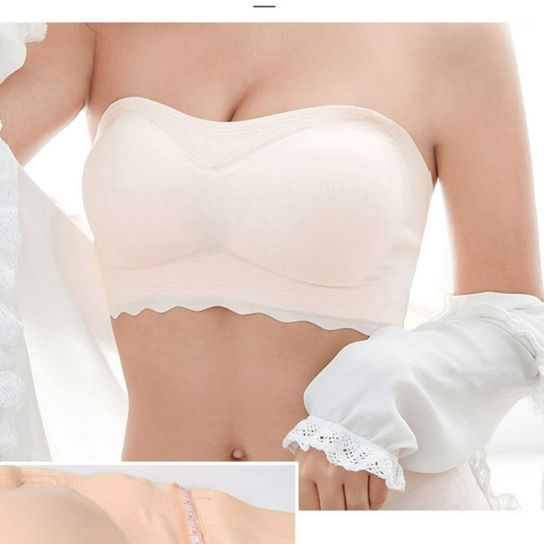 Dido Strapless Bra Gathered Non-slip Plus Size Bra Thin Tube Top Underwear  for Wedding Dress, Beige, L 