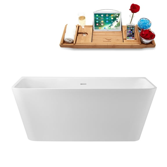 59" Streamline G-21-136-PBR Soaking Glossy White Freestanding Tub and Tray With Internal Drain in Polished Brass