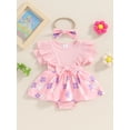 thumbnail image 2 of Baby Girl 2 Piece Outfits Floral Print Short Sleeve Ribbed Romper Dress with Cute Headband Set, 2 of 8