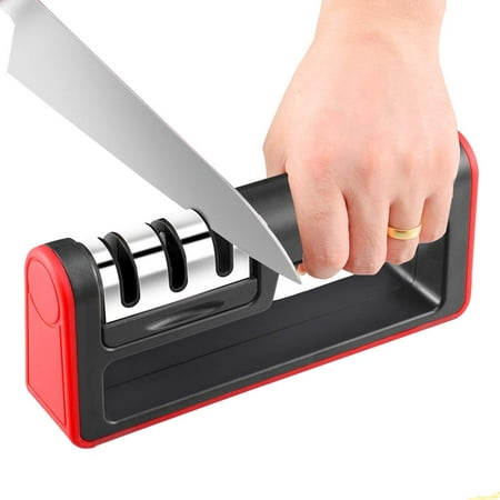 2019 NEW Kitchen Knife Sharpener, 3-Stage Knife Sharpening System Helps Repair, Restore and Polish Blades, Non-slip Base Kitchen Knife Sharpener, Easy to Use, Red,