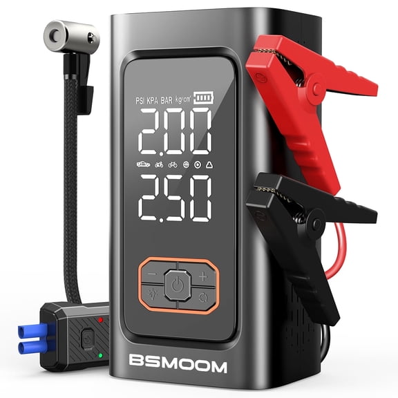 BSMOOM 5000A Portable Jump Starter with Air Compressor - 12V Car Battery Jumper Starter Box (10.0L Gas/8.0L Diesel) with 150PSI Tire Inflator, 3-Mode Emergency Flashlight, LCD Display