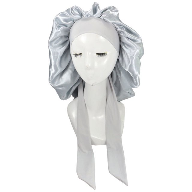 Womens Satin Solid Broad-brimmed Hairband Sleep Cap Strap High Elastic Lace-up Shower Cap Women