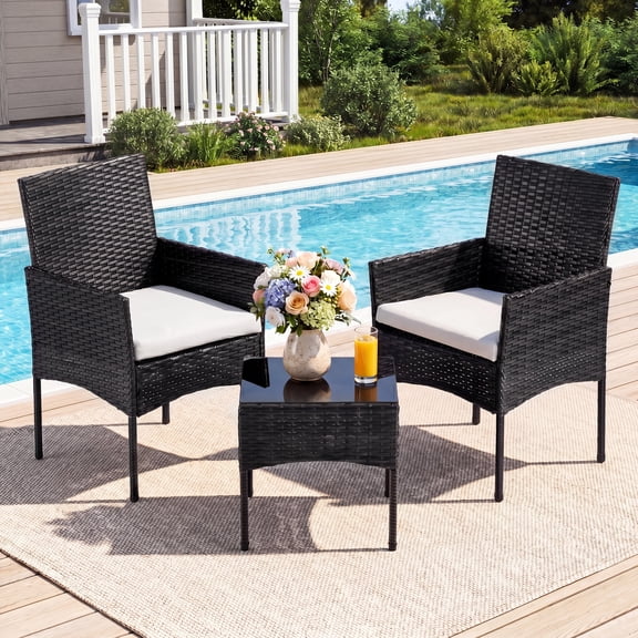 CONCETTA 3-Piece Patio Furniture Set, Wicker Outdoor PE Rattan Furniture with Coffee Table & Washable Cushion, Compact Bistro Conversation Seating for Balcony, Garden, Poolside, Porch - Black
