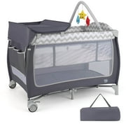 Babyjoy 3 in 1 Baby Playard Portable Infant Nursery Center with Zippered Door Gray