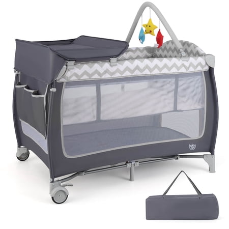 Babyjoy 3 in 1 Baby Playard Portable Infant Nursery Center with Zippered Door Gray