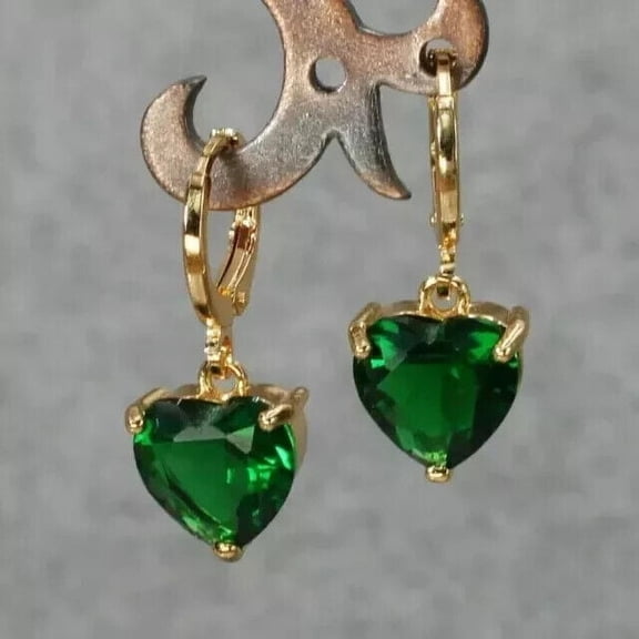 2 Ct Heart Cut Lab-Created Green Emerald Solitaire Women's Drop Dangle Earrings 14K Yellow Gold Plated 925 Silver