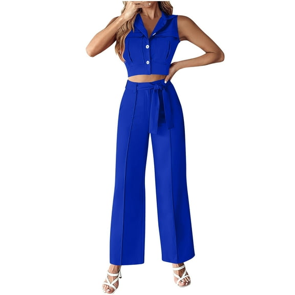 Two Piece Sets for Women Cropped V-Neck Blouse Top Wide Leg Waistband Pants Casual Work Business Dressy Outfit Sets