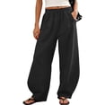 thumbnail image 2 of Women's Wide Leg Linen Balloon Pants Drawstring Elastic Waist Pants with Pleated Pockets Casual Flowy Summer Work Pants Black, 2 of 9