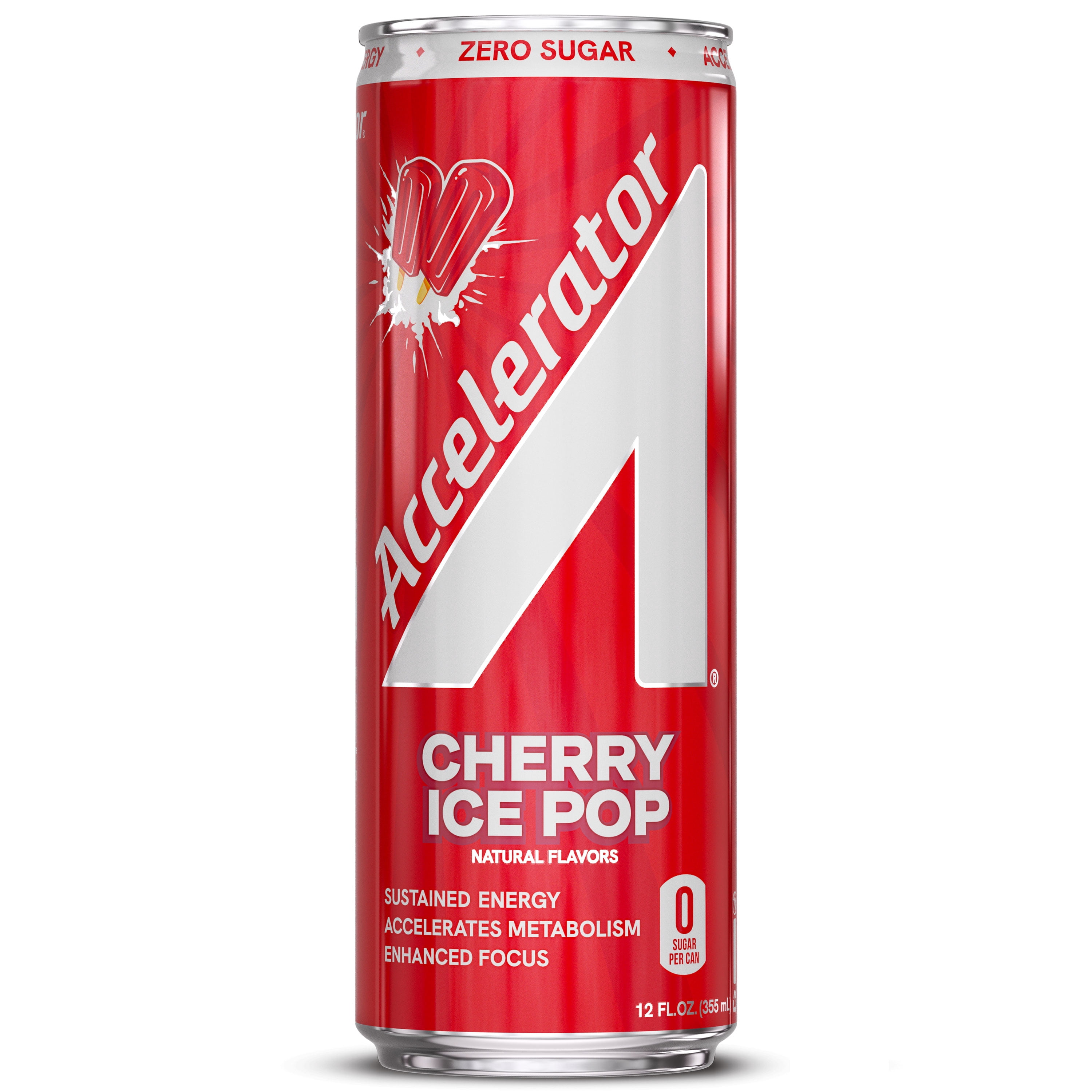 Accelerator Energy Drink, Cherry Ice Pop 12 fl oz can (12 pack), Zero Sugar, Sustained Energy from 100% Natural Caffeine (200mg from Green Coffee Bean & Green Tea extract)