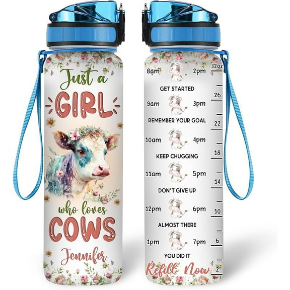 Personalized Cow Lovers 32 Oz 1Liter Motivational Water Bottle With Time Marker, Just A Girl Who Loves Cows, Animal Lovers Gifts For Women, Girl On Birthday, Christmas