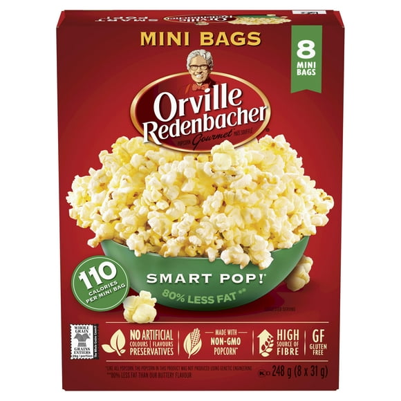 Orville Redenbacher Smart Pop! Micro-ondes maïs soufflé, 8 mini sac (8 x 31 g) 248 g sans OGM, grains entiers micro-ondes  maïs soufflé  avec a source élevée de fibres et 80% moins de gras*