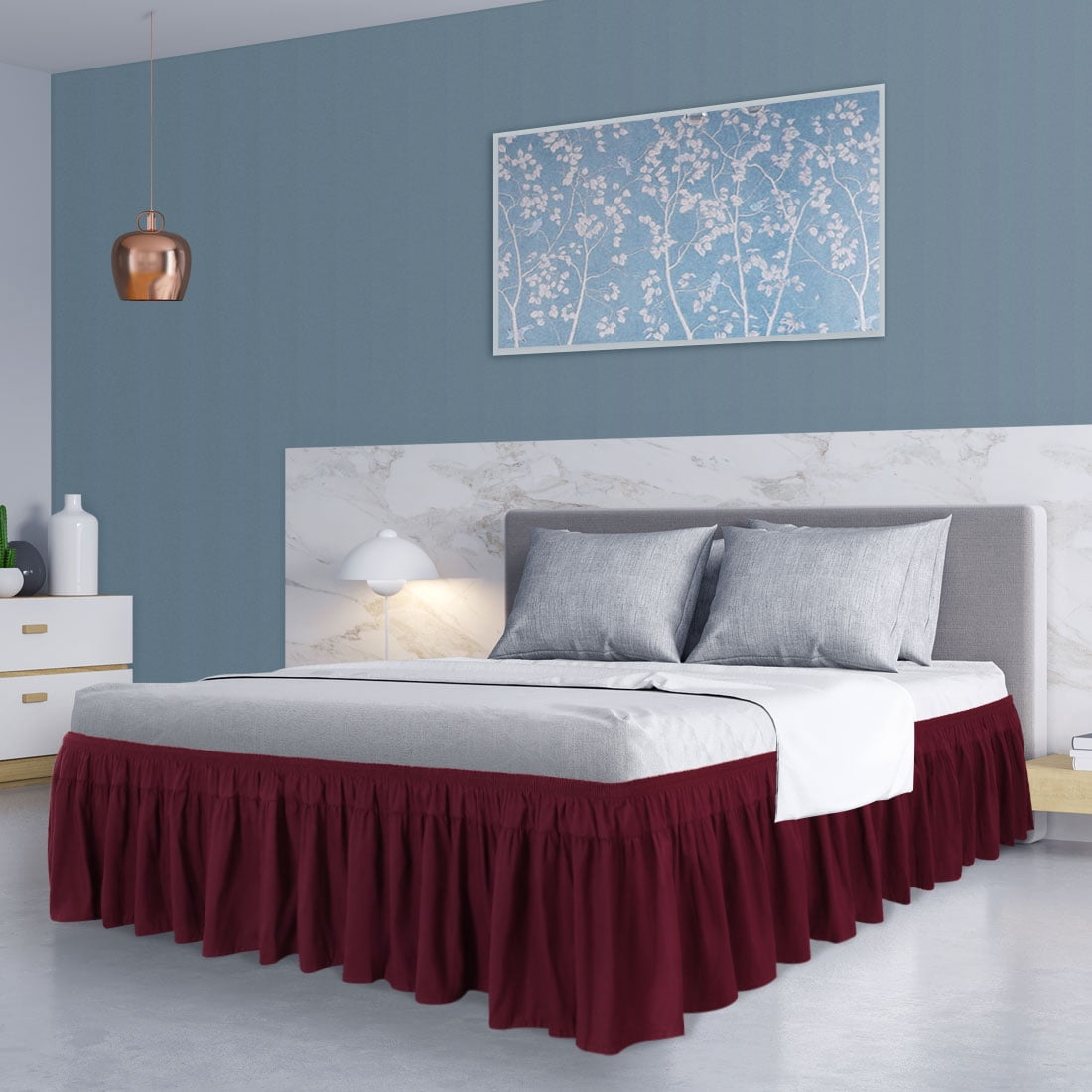 PiccoCasa 1Pcs Polyester Brushed Bed Skirt Elastic Dust Ruffles 16 Inch Drop Queen Burgundy
