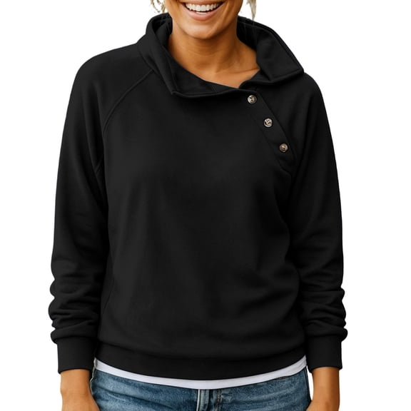 Sevevn Women's Asymmetric Button Cowl Neck Sweatshirt Raglan Long Sleeve Soft Pullover Casual Loose Fit Top Black L