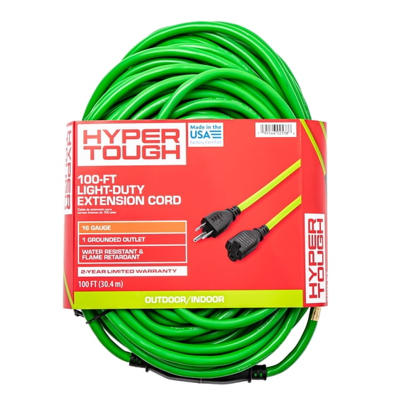 Hyper Tough 16AWGX3C 100ft Indoor and Outdoor Light Duty High Visibility Green Vinyl Extension Cord