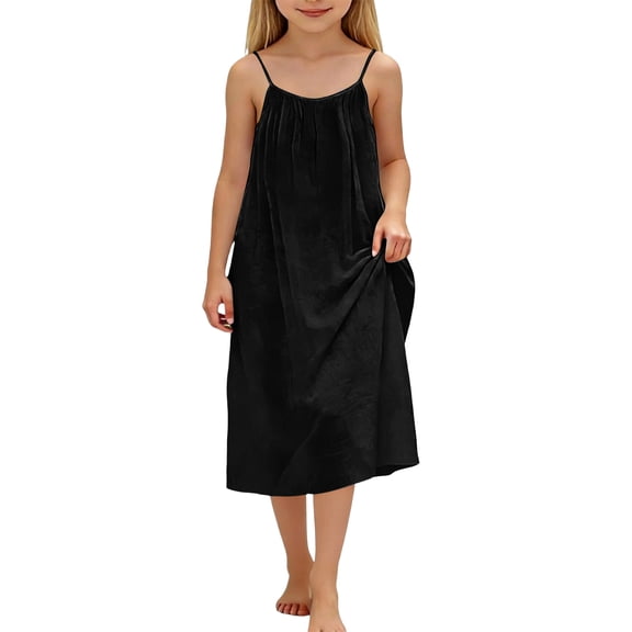 CCRFTGI Sleeveless Dresses for Children Girls Size 7 Cute Cami Backless Lounge Dresses 2026 Summer Spaghetti Strap Party Flowy Vacation Dresses Black 9-10 Years