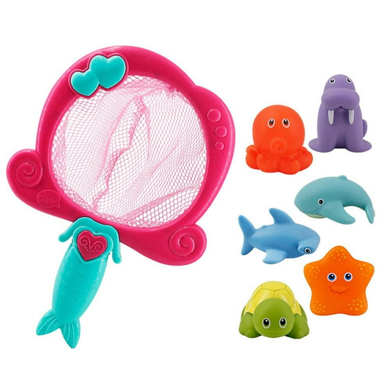 Bath Toys Fishing Games with Fish Net BPA Free No Mold Squirt Fishes Crab  Water Table Pool Bath Time Bathtub Toy for Toddlers Baby Kids Infant Girls
