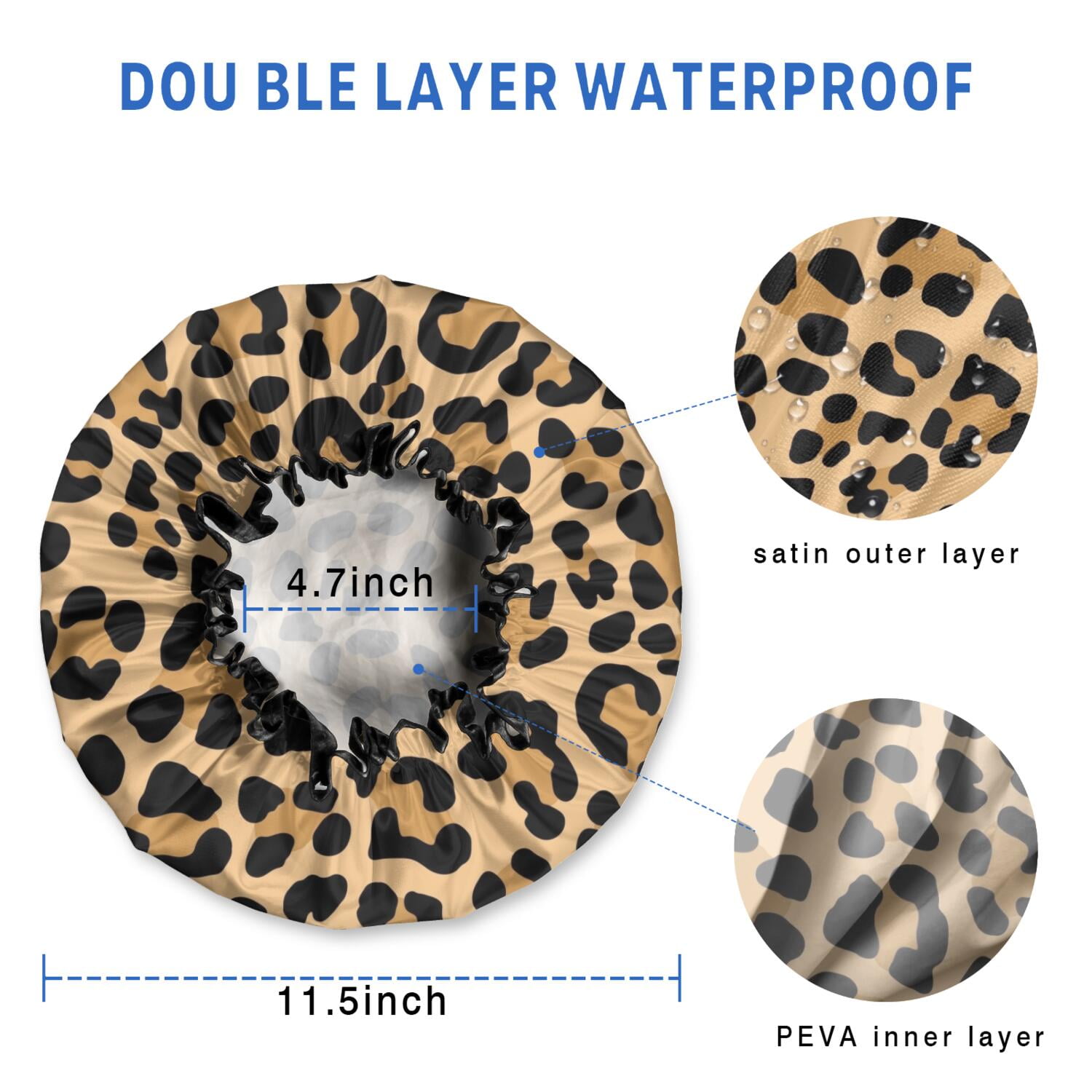 Shower Caps,Beige and Black Of Leopard Print Waterproof Shower Cap for Women 4 Pieces,Double Reusable Hair Cover for Shower PEVA Elastic Stretch Hem