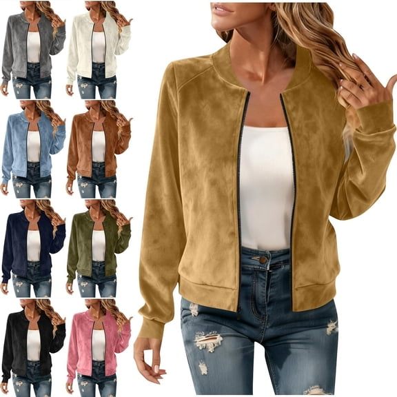 Teylalorva Women's Outerwear Coat Zip Up Bomber Jacket Casual Windbreaker with Pockets Daily Wear Gold Size L