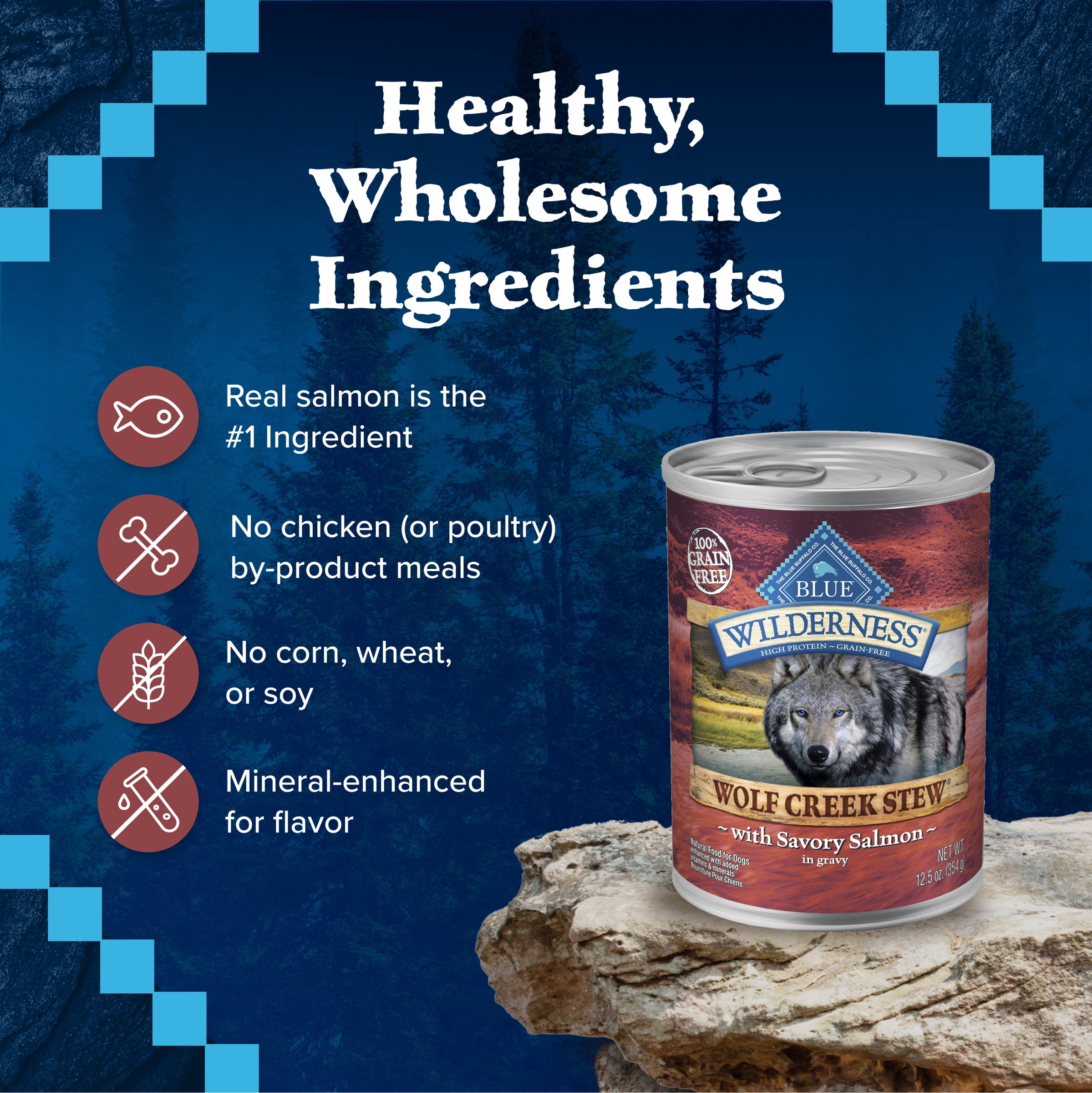 Blue Buffalo Wilderness Wolf Creek Stew High Protein Grain Free, Natural Wet Dog Food, Savory Salmon Stew in gravy 12.5-oz can (pack of 12)