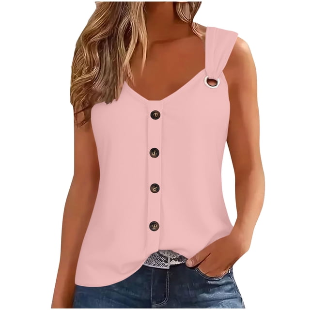 Yuzhih Débardeur à Boutons pour Femme 2025 Été Décontracté Ample Cami Col Rond Sans Manches Hauts