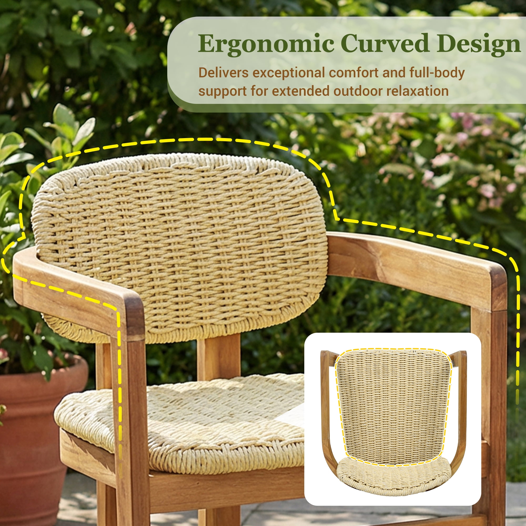 Woven Rattan Accent Chairs Set of 2, Outdoor Patio Seating Chairs, Teak Finish and Natural Rattan