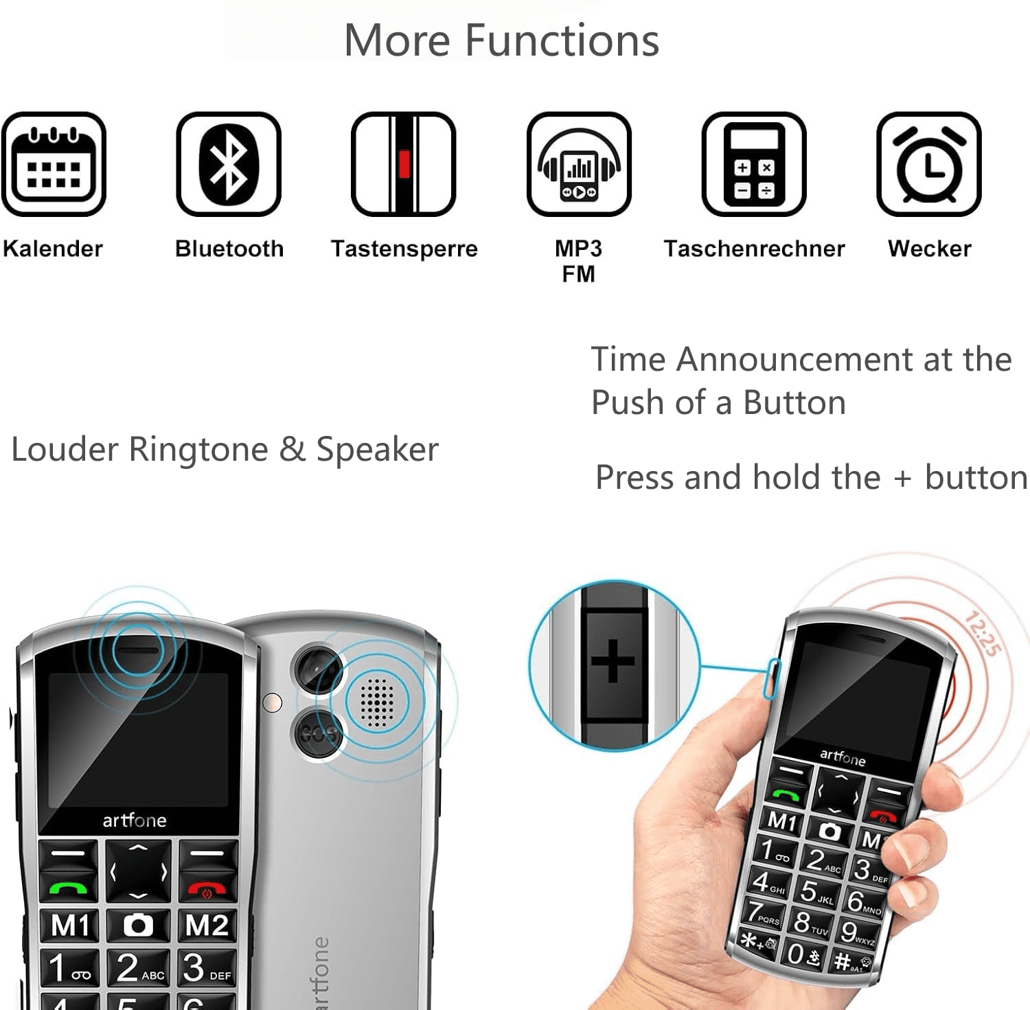 artfone A400 - 4G LTE Big Button Cell Phone for Seniors, T-Mobile Unlocked Phone, Senior Mobile Phone, Dual SIM, SOS Button, 2MP Camera, Charging Dock, Talk and Text Only, Dumb Phone, 1800mAh, Silver