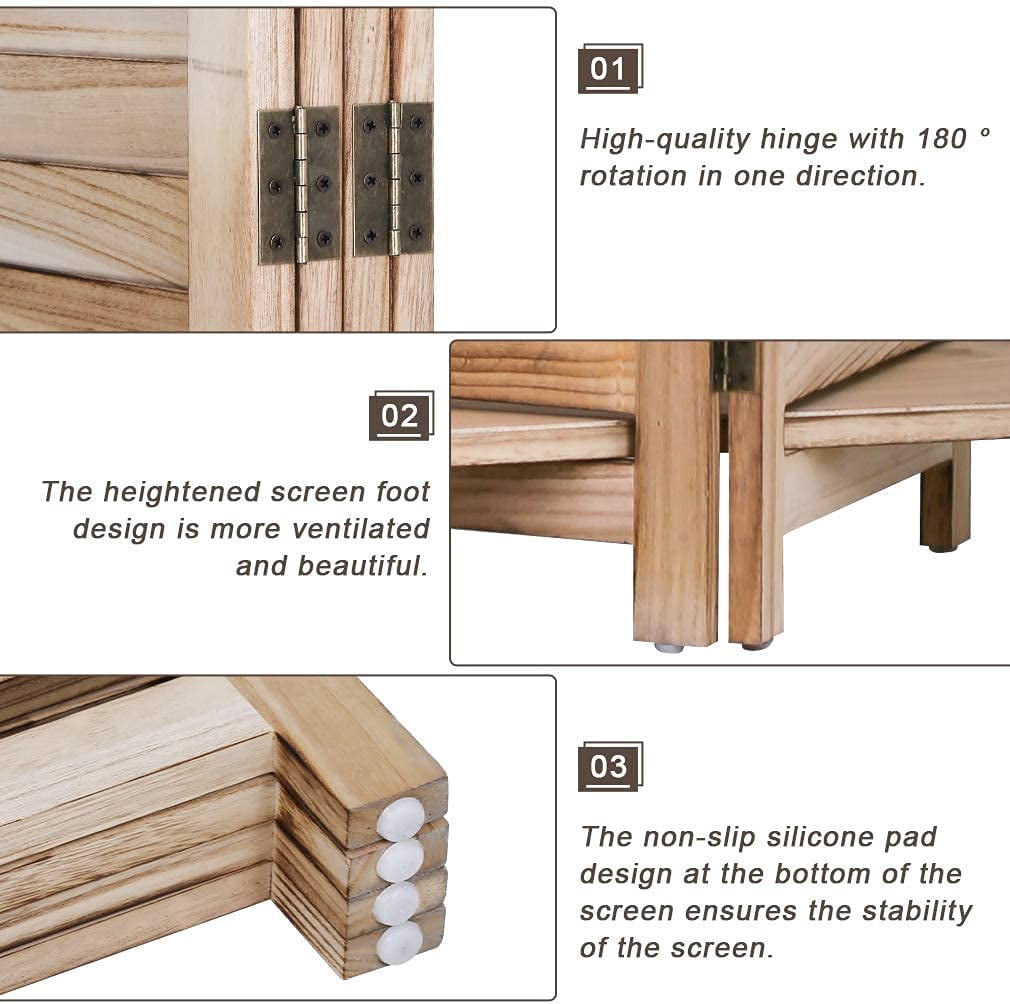 NiamVelo 4 Panel Wood Room Divider Folding Privacy Screen Portable Freestanding Room with 3 Shelves, Natural