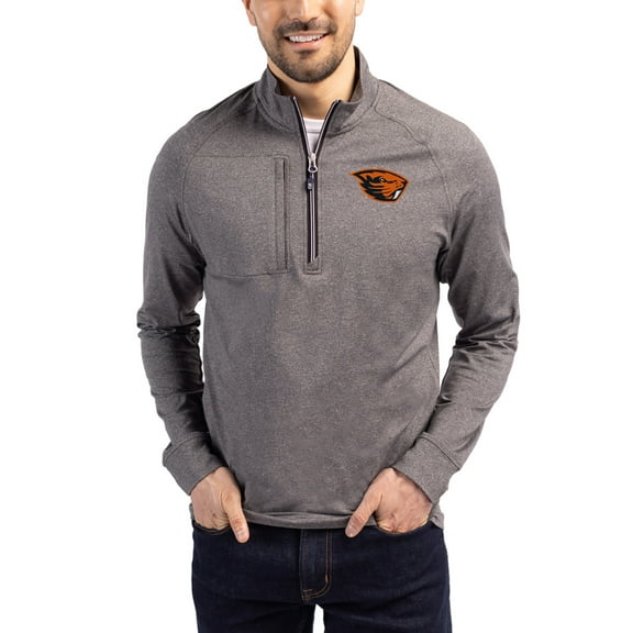 Women's-Cutter & Buck  Heather Black Oregon State Beavers Adapt Eco Knit Stretch Recycled DryTec Raglan Quarter-Zip