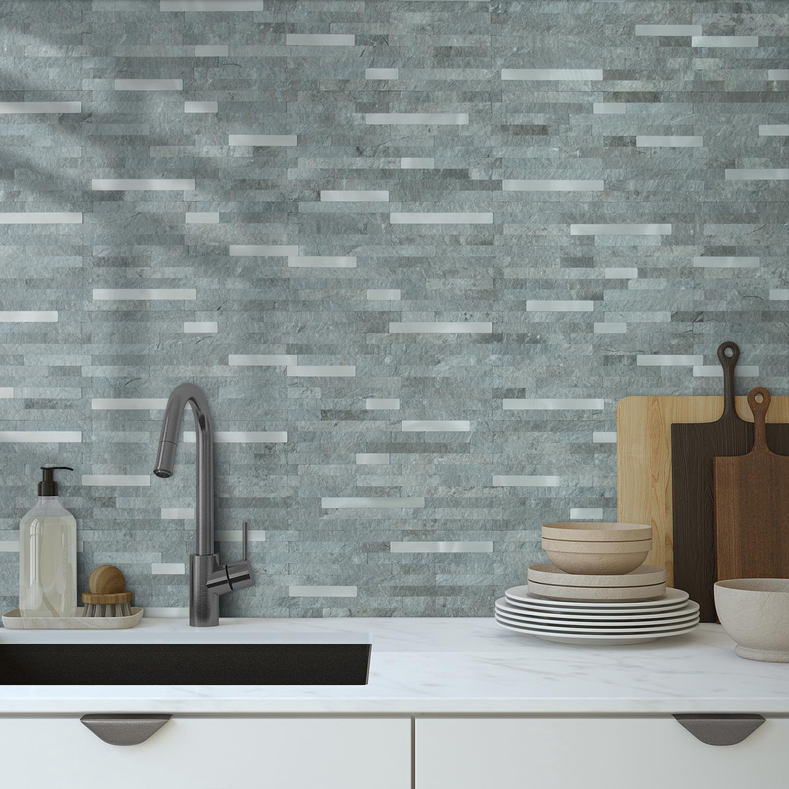 20 Sheets Mountain Rock Peel And Stick Backsplash  Pvc Mixed Metal Wall Tile On For Kitchen Bathroom