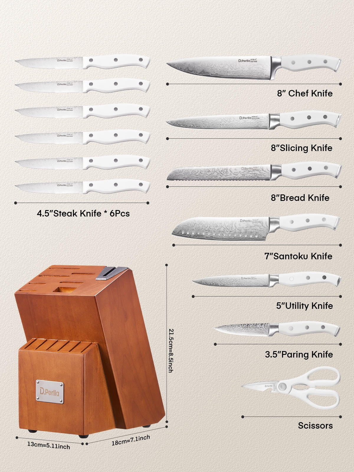 D.Perlla Knife Set, 14 Pcs German High Carbon Stainless Steel Kitchen Knives Block Set with Built-in Sharpener, Brown