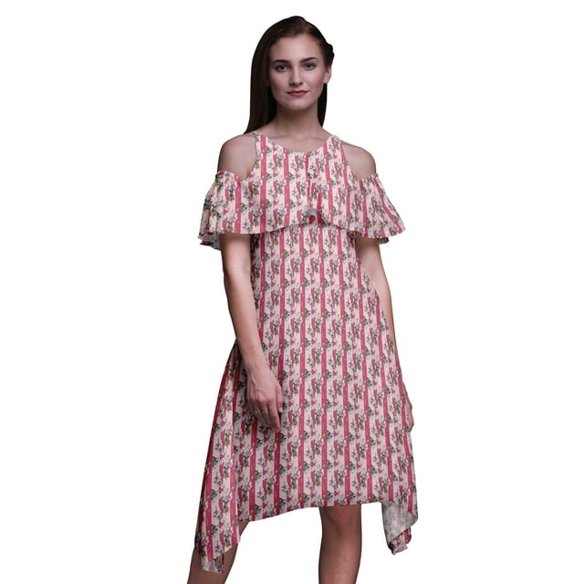 Bimba Butterfly Print Womens Chic Style Cold Shoulder Shift Dress Summer Tunic -Medium