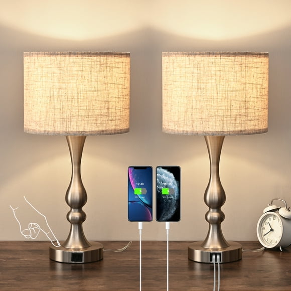 DEWENWILS Bedside Table Lamps Set of 2, Touch Control Table Lamp with Dual USB Charging Ports, Dimmable Nightstand Lamp for Living Room, Bedroom, Led Bulbs Included, Fabric Lampshade, Nickel Finish