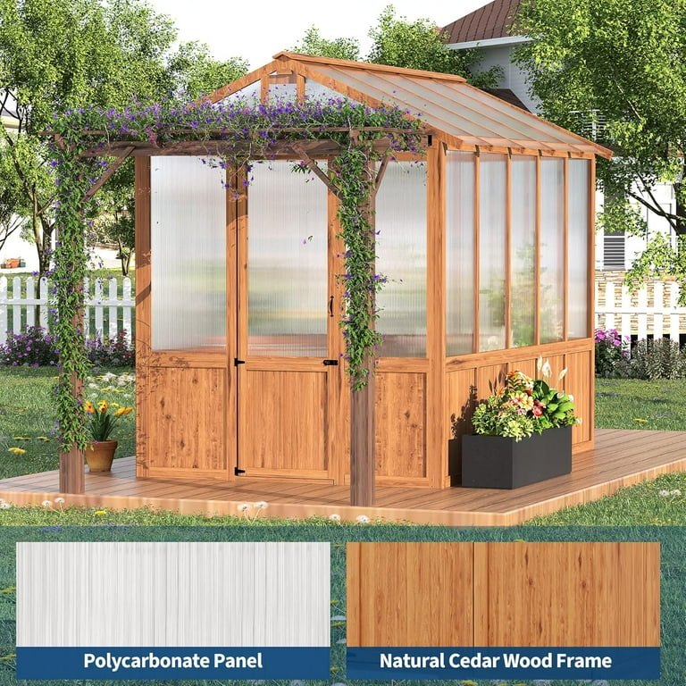 7x13 FT Walk-in Greenhouse with Pergola – Cedar Wood Frame, Clear