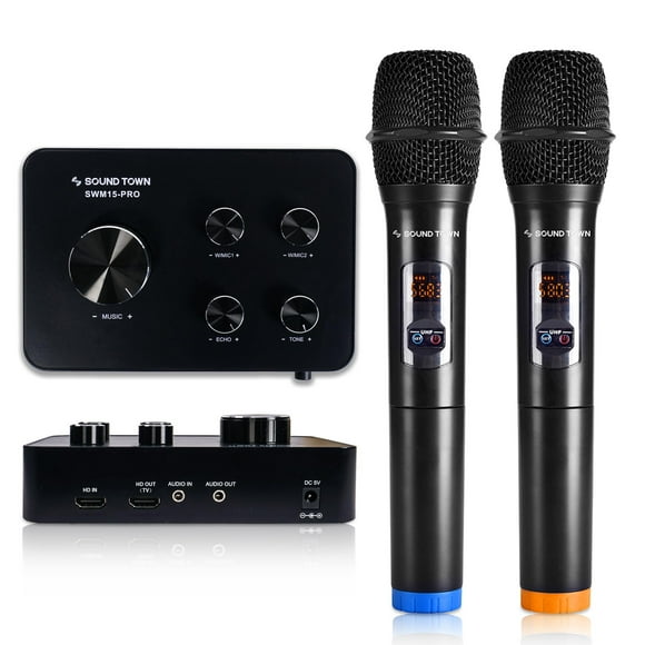 Sound Town Système de Mélangeur Karaoké avec Microphone Sans Fil, HDMI ARC, Optique, AUX, Bluetooth - Prend en Charge Télé Intelligente, Boîtier Multimédia, Barre de Son (SWM15-PRO)