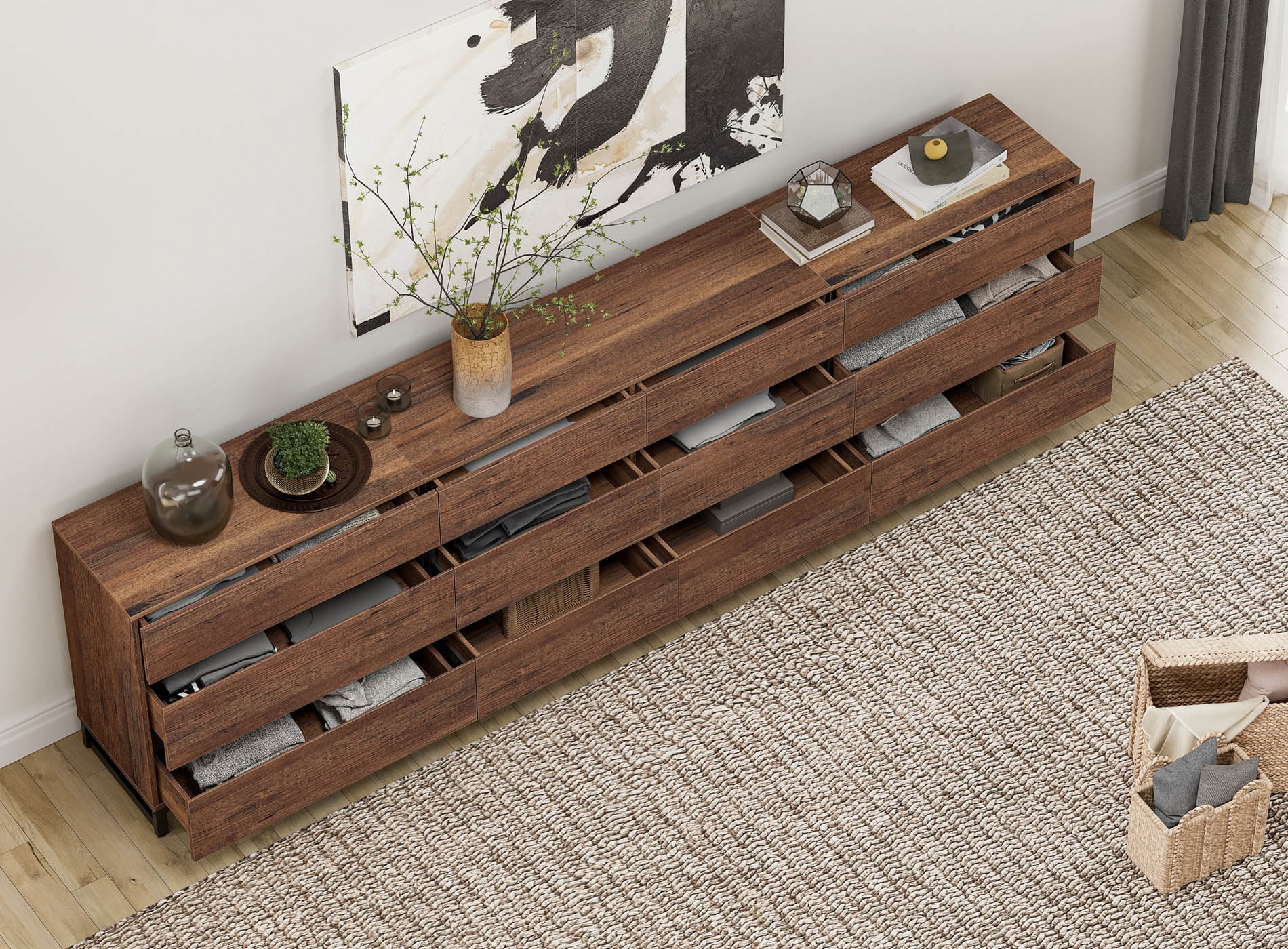 3 In 1 Sideboard Buffet Cabinets With 12 Drawers, Modern Sideboard Credenza With Metal Base, Coffee Bar Cabinet Storage Cabinet,Brown