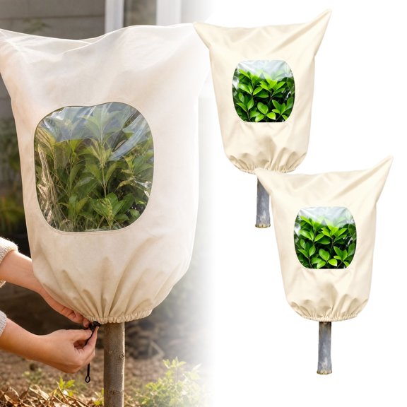 Plant Covers Freeze Protection - Outdoor Plant Frost Cover with Visible Window & Drawstring, Breathable Non - Woven Fabric Cold Weather Wrap for Shrubs, Potted Plants, Trees, 2 Pack, 39.4x47.2in