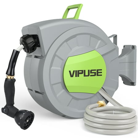 Vipuse Retractable Garden Hose Reel, 1/2 Inch x 100 ft Wall Mounted Garden Hose Reel, with 10 Pattern Nozzle, Any Length Lock, Slow Return System, 180° Swivel Bracket