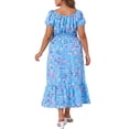 thumbnail image 4 of GRACE & GRANDEUR Women's Plus Size Floral Dress Tie Square Neck Smocked Waist Short Sleeve Side Slit Beach A Line Maxi Dresses 1X Blue, 4 of 8