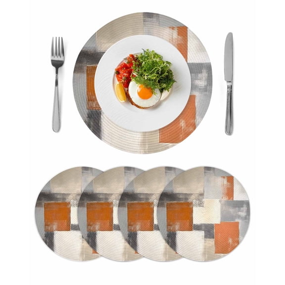 Burnt Orange Grey Round 15 Inch Placemats Set of 4, Modern Abstract Oil Painting HeatResistant Non Slip Place Mats for Dining Table, Wipeable Braided Kitchen Table Mats for Housewarming