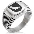 thumbnail image 1 of Stainless Steel Dog Loyalty Coat of Arms Shield CZ Ribbed Needle Stripe Pattern Biker Style Polished Ring, 1 of 1
