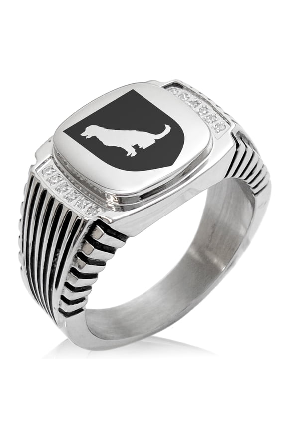 Stainless Steel Dog Loyalty Coat of Arms Shield CZ Ribbed Needle Stripe Pattern Biker Style Polished Ring