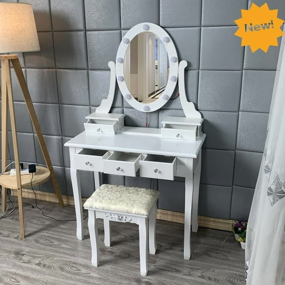 Modern Vanity Desk with LED Oval Mirror & Stool – 5 Drawers, 3 Lighting Modes, Wood Makeup Dressing Table for Girls & Women