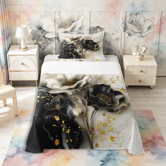 Castle Fairy Luxury Ink Gold Floral Art Twin Sheets 3pcs,Black White Flower Glitter Splash Layout Bedding,Gold Gray,1 Fitted Sheet,1 Flat Sheet and 1 Pillowcase