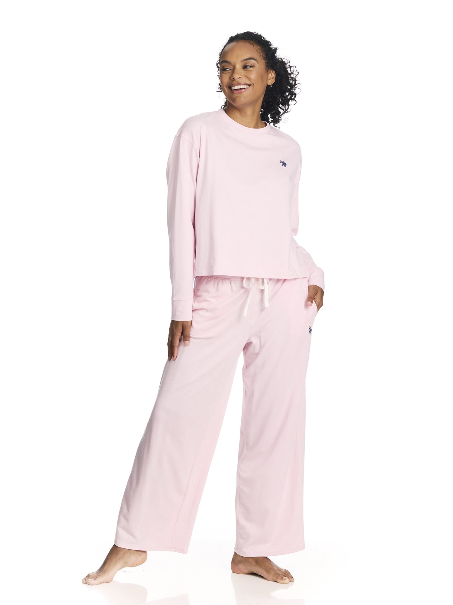 U.S. Polo Assn. Women's Long Sleeve Cotton Span Top and French Terry Wide Leg Pant Pajama Sleep Set, 2-Piece, Sizes S-3X