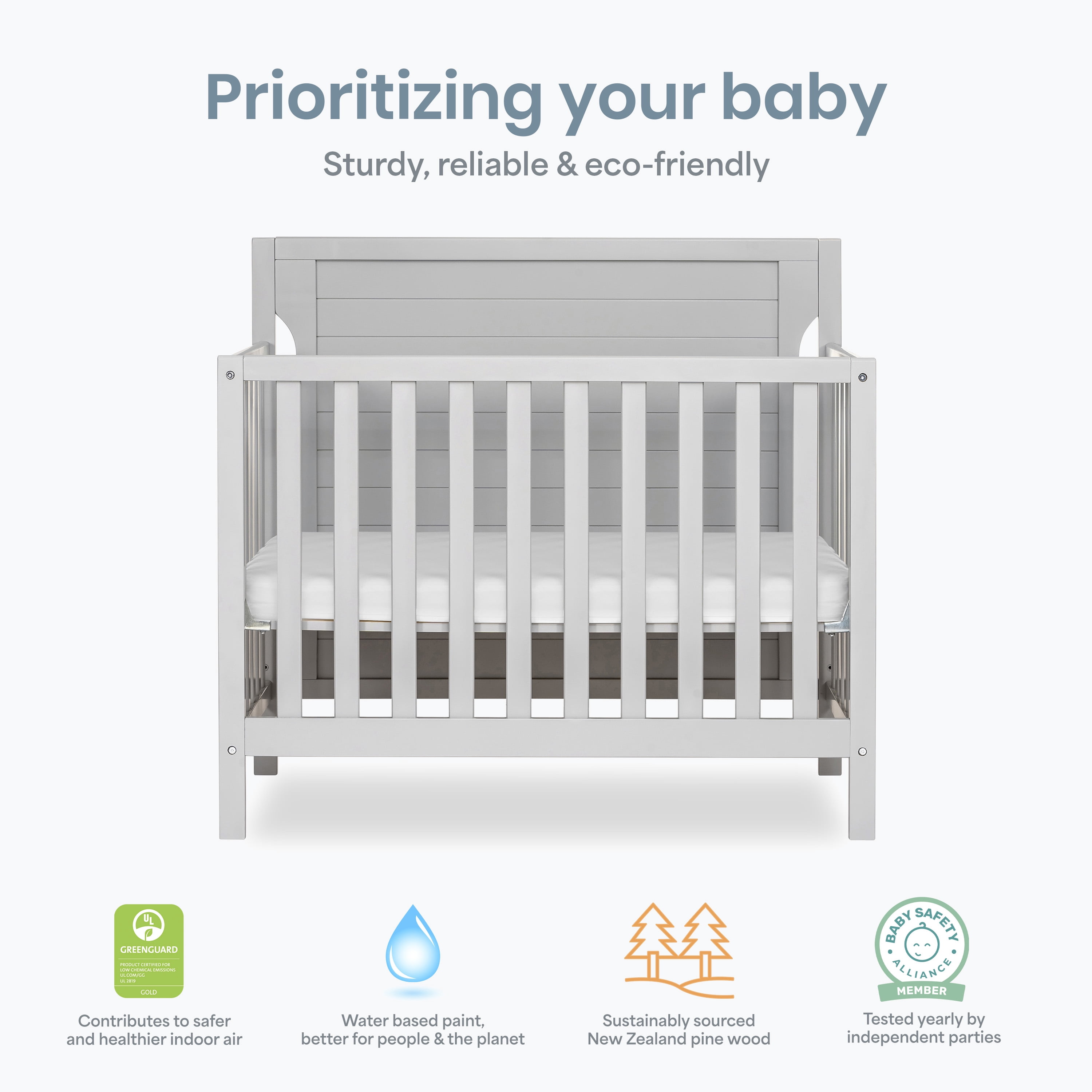 Dream On Me Bellport 4 in 1 Convertible Mini/Portable Crib in Pebble Grey, Non-Toxic Finish, Made of Sustainable New Zealand Pinewood, with 3 Mattress Height Settings