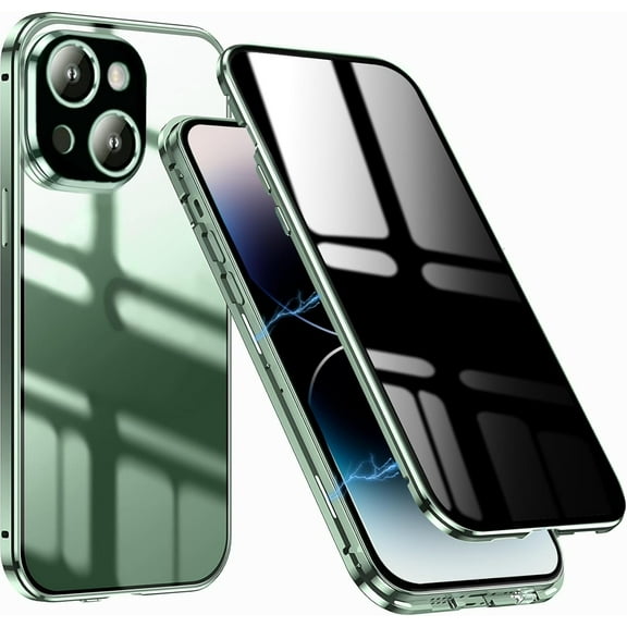 Privacy Magnetic Case for iPhone 13 Pro,Anti Peeping Screen Protector Front and Back Double-sided Tempered Glass Metal Bumper Anti SPY 360 Degree Full Body Protective Phone Case,Clear Green