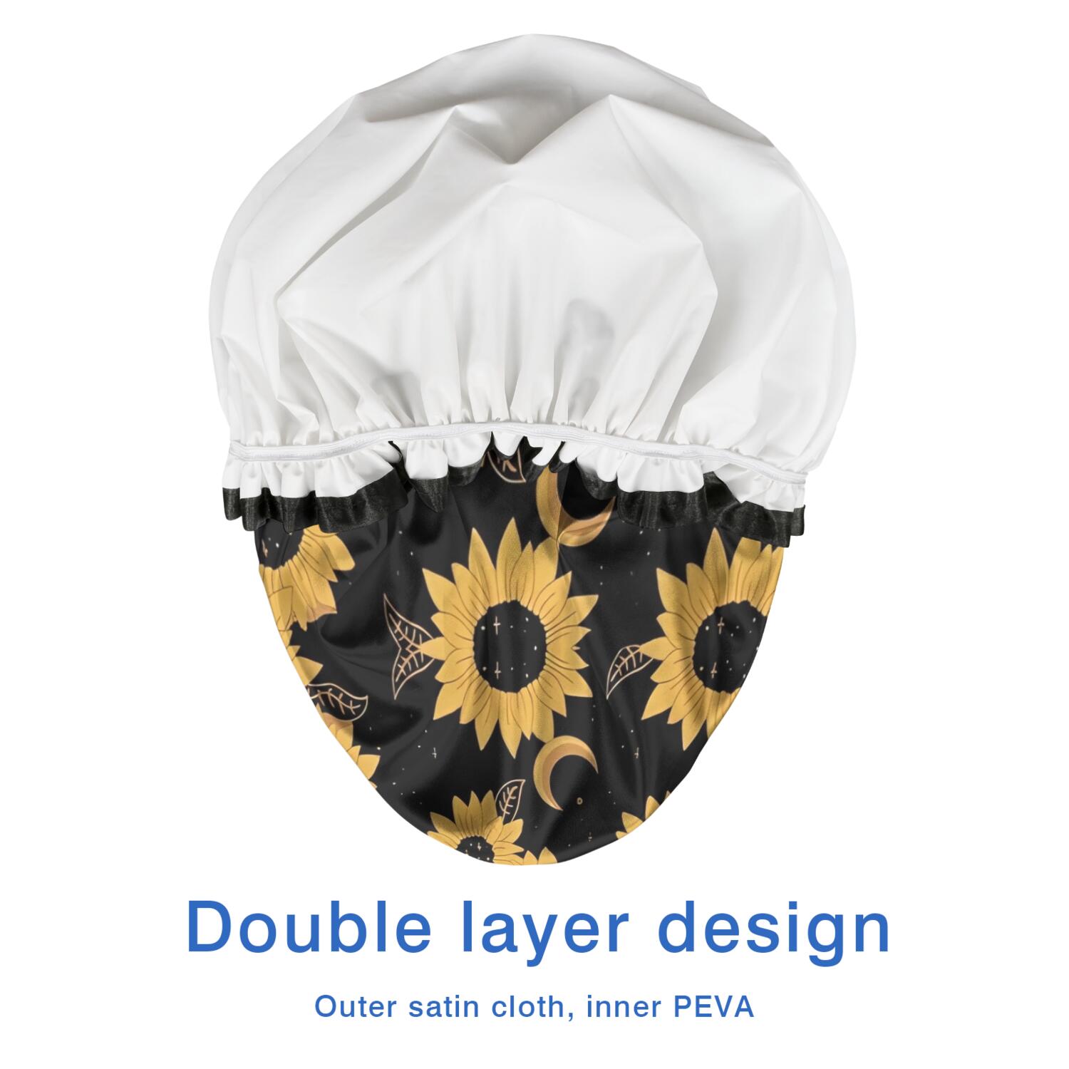 Shower Caps,Black Moon Sunflower Pattern Waterproof Shower Cap for Women 4 Pieces,Double Reusable Hair Cover for Shower PEVA Elastic Stretch Hem